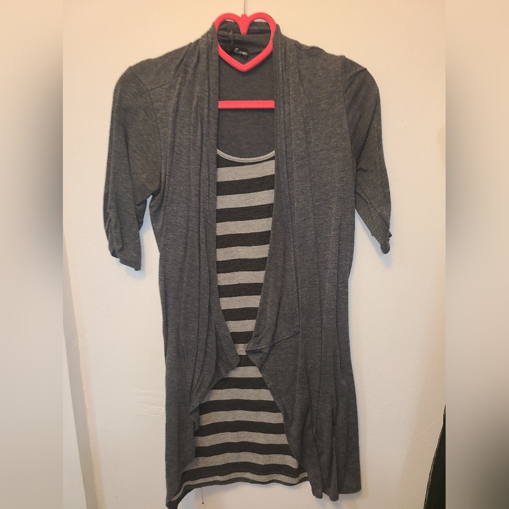 Expresso Gray Striped Top w/built in Cardigan